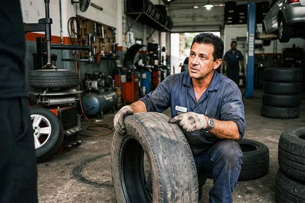 Pneu desgastado sendo analisado em uma borracharia.