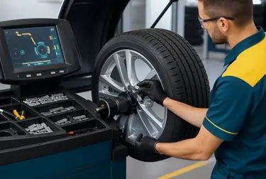 Profissional balanceando rodas de um carro na oficina.