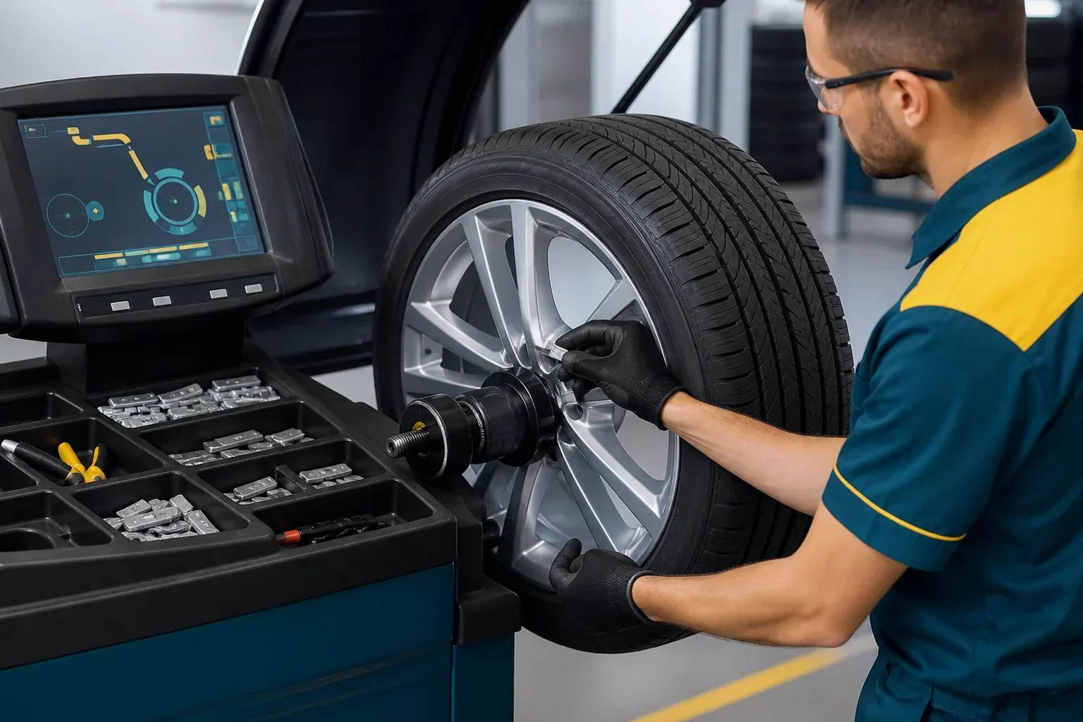 Profissional balanceando rodas de um carro na oficina.