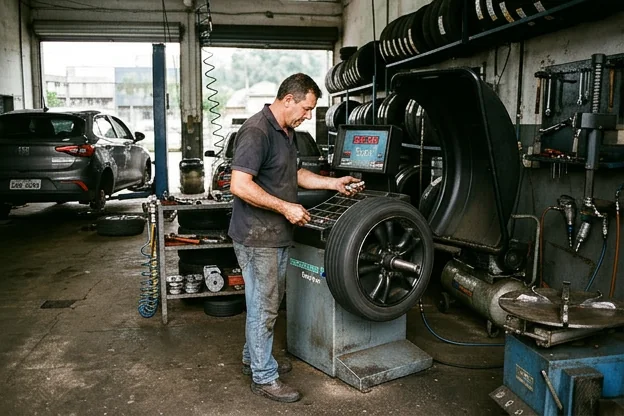 Profissional realizando balanceamento de rodas de um carro.