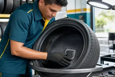 Profissional trabalhando no conserto de um pneu em uma borracharia.