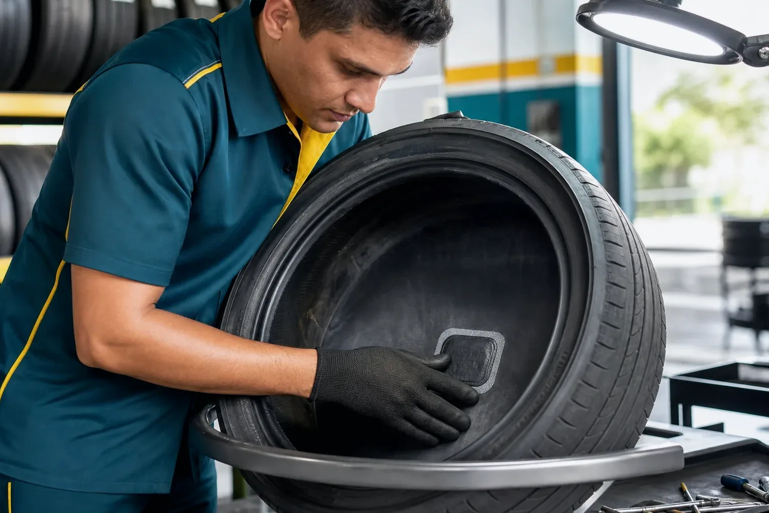 Profissional trabalhando no conserto de um pneu em uma borracharia.