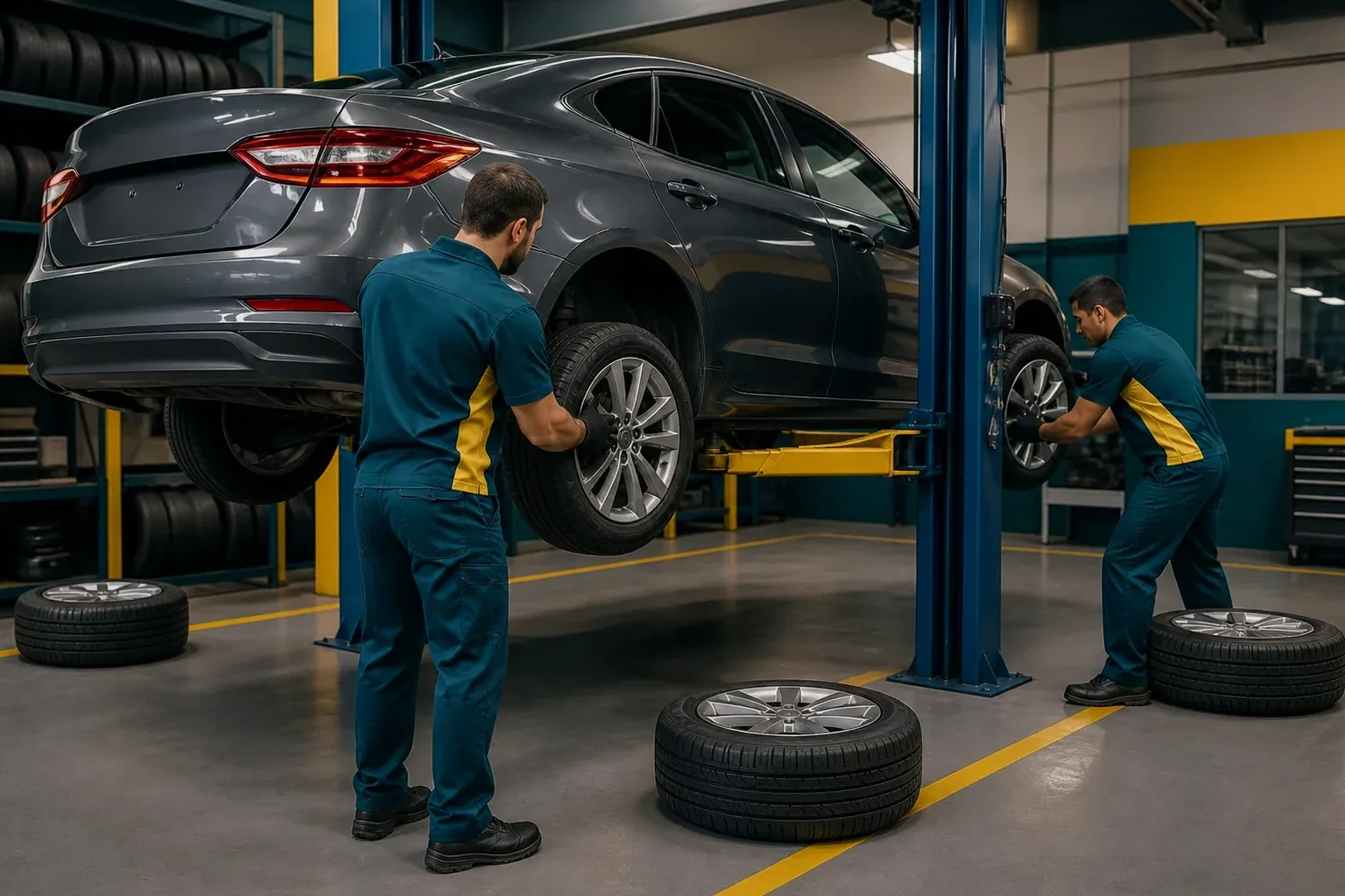 Técnico fazendo rodízio de pneus em um veículo na borracharia.