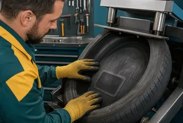 Técnico fazendo vulcanização de um pneu em uma oficina.