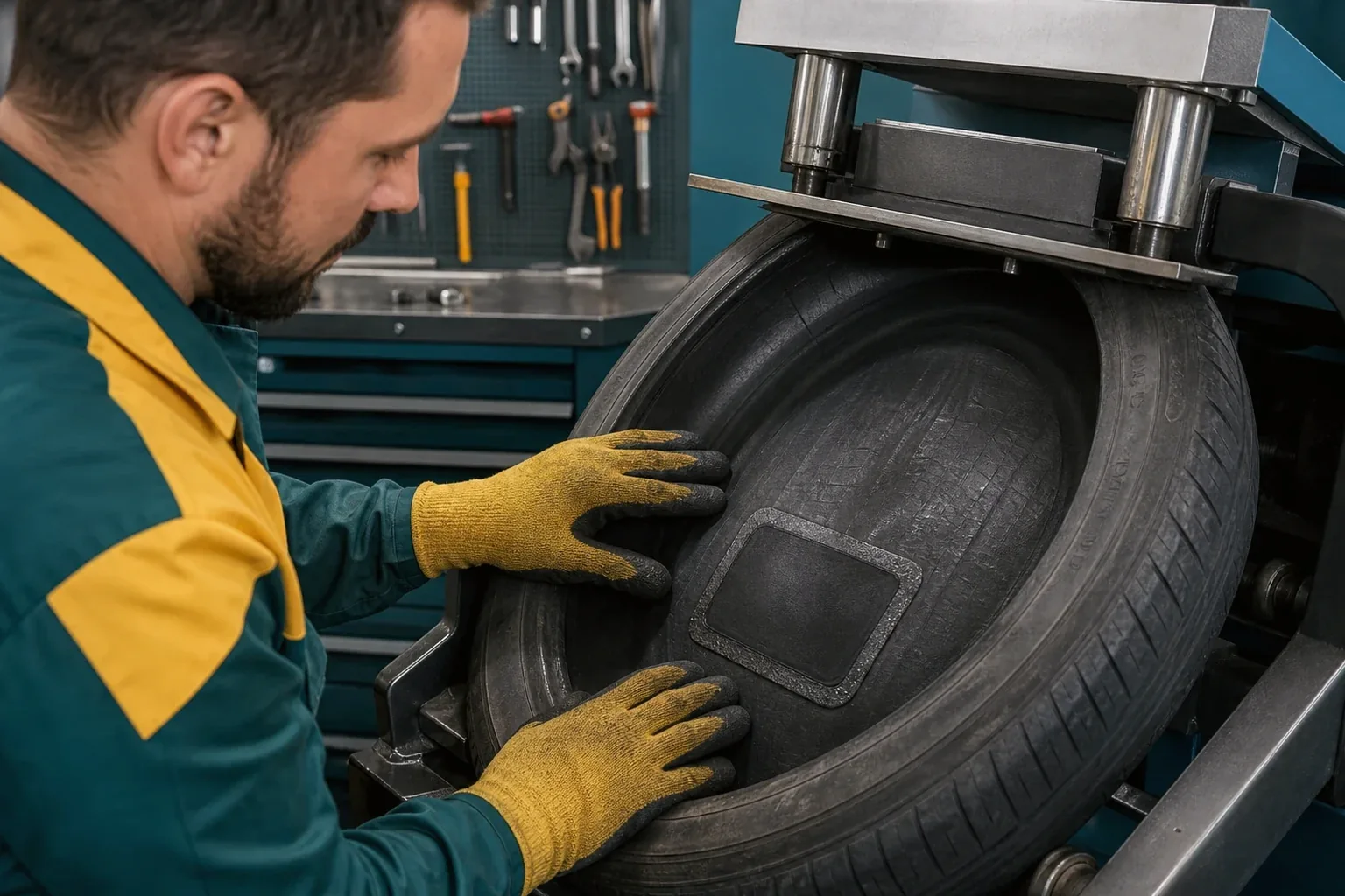 Técnico fazendo vulcanização de um pneu em uma oficina.