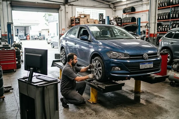 Técnico realizando alinhamento de rodas em uma borracharia.