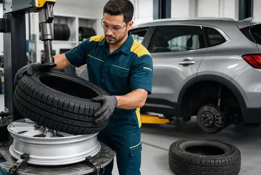Técnico trocando um pneu em uma oficina de borracharia.